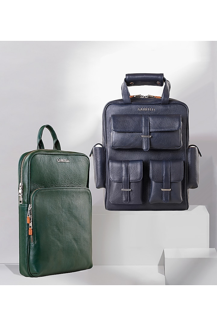 Racing Green & Midnight Blue Leather Backpacks (Set of 2) by GARRTEN