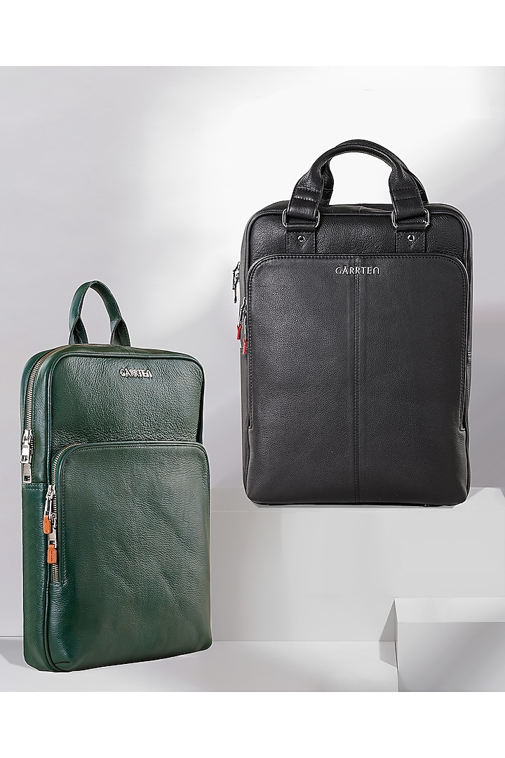 Carbon Black & Racing Green Leather Backpacks (Set of 2) by GARRTEN