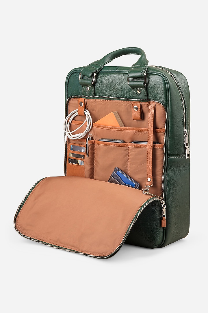 Racing Green & Midnight Blue Leather Backpacks (Set of 2) by GARRTEN at Pernia's Pop Up Shop
