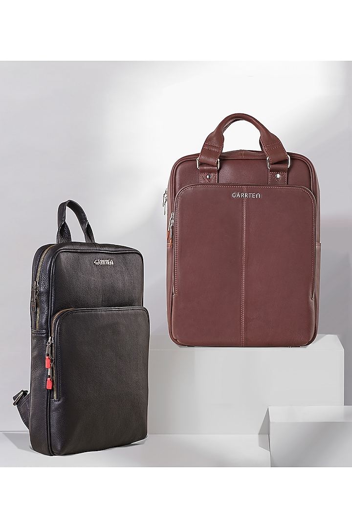 Mahogany Brown & Carbon Black Leather Backpacks (Set of 2) by GARRTEN