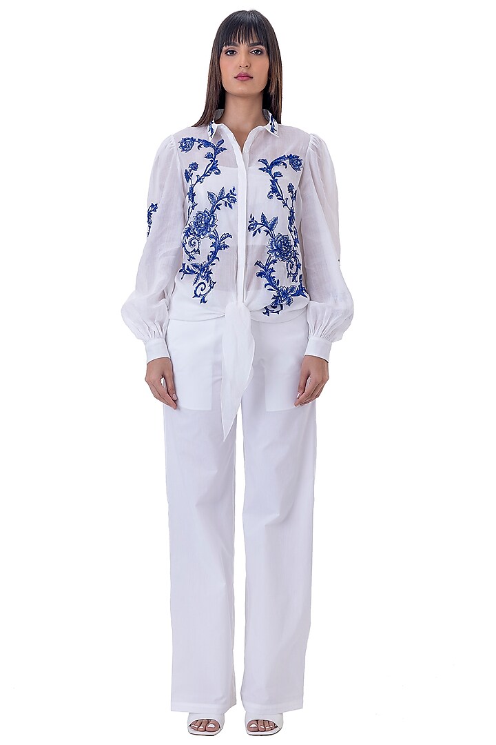 White Linen Floral Embroidered Shirt by Gaya