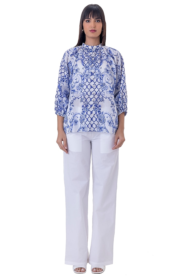 White Linen Floral Printed Top by Gaya