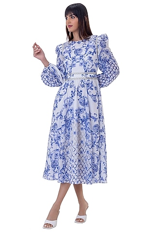 White Linen Floral Printed Dress by Gaya