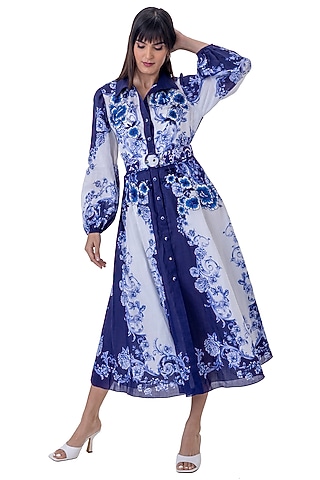 White Linen Floral Printed Dress by Gaya