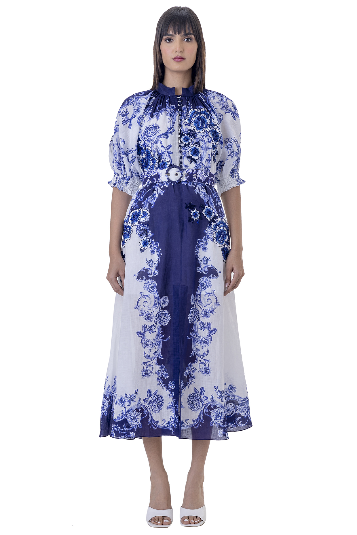 White Linen Floral Printed Dress by Gaya