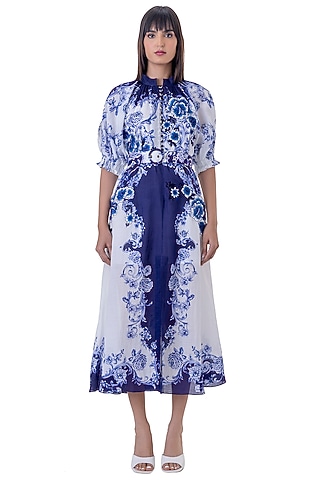 White Linen Floral Printed Dress by Gaya