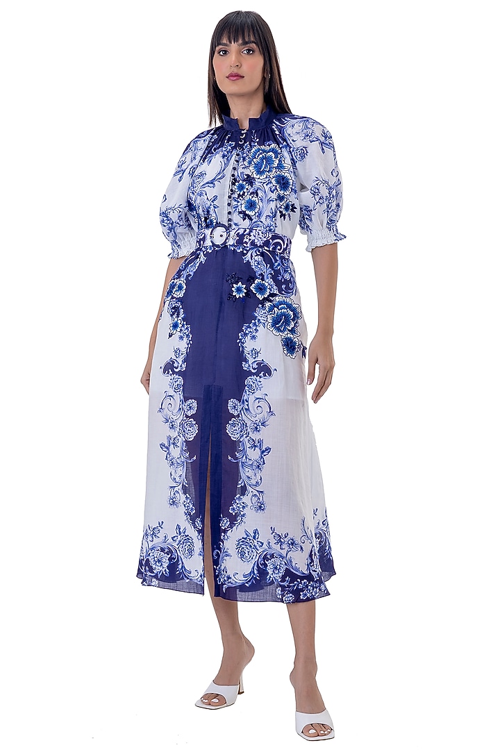 White Linen Floral Printed Vacation Dress by Gaya at Pernia's Pop Up Shop
