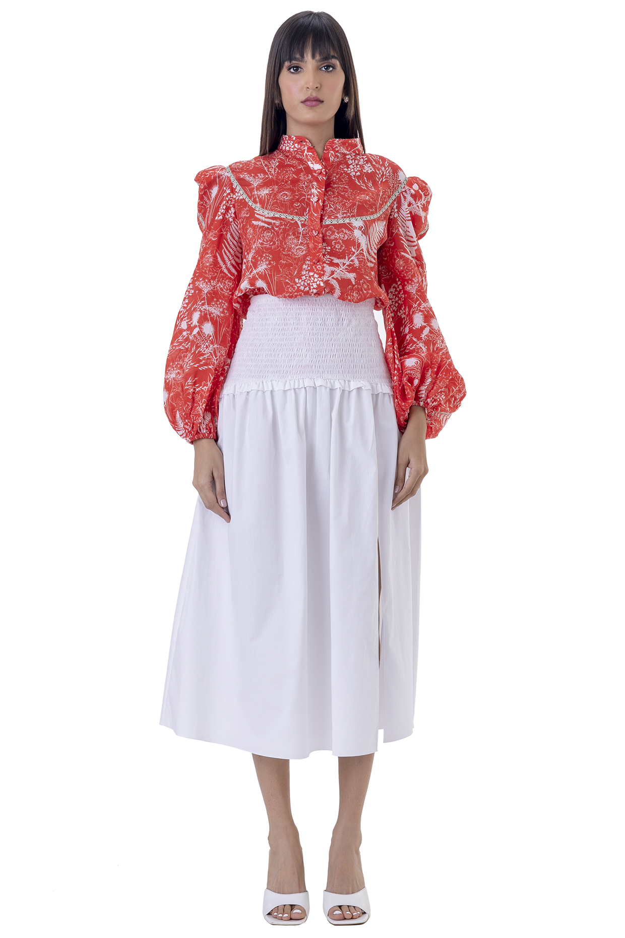 White Cotton High Slit Skirt by Gaya