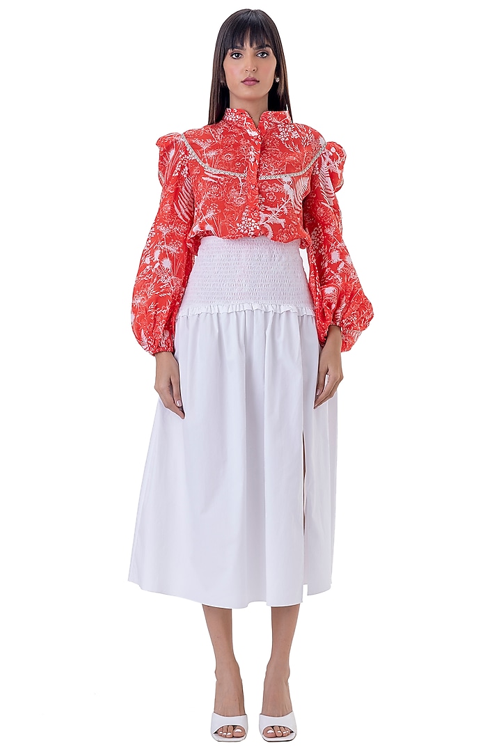 White Cotton High Slit Skirt by Gaya