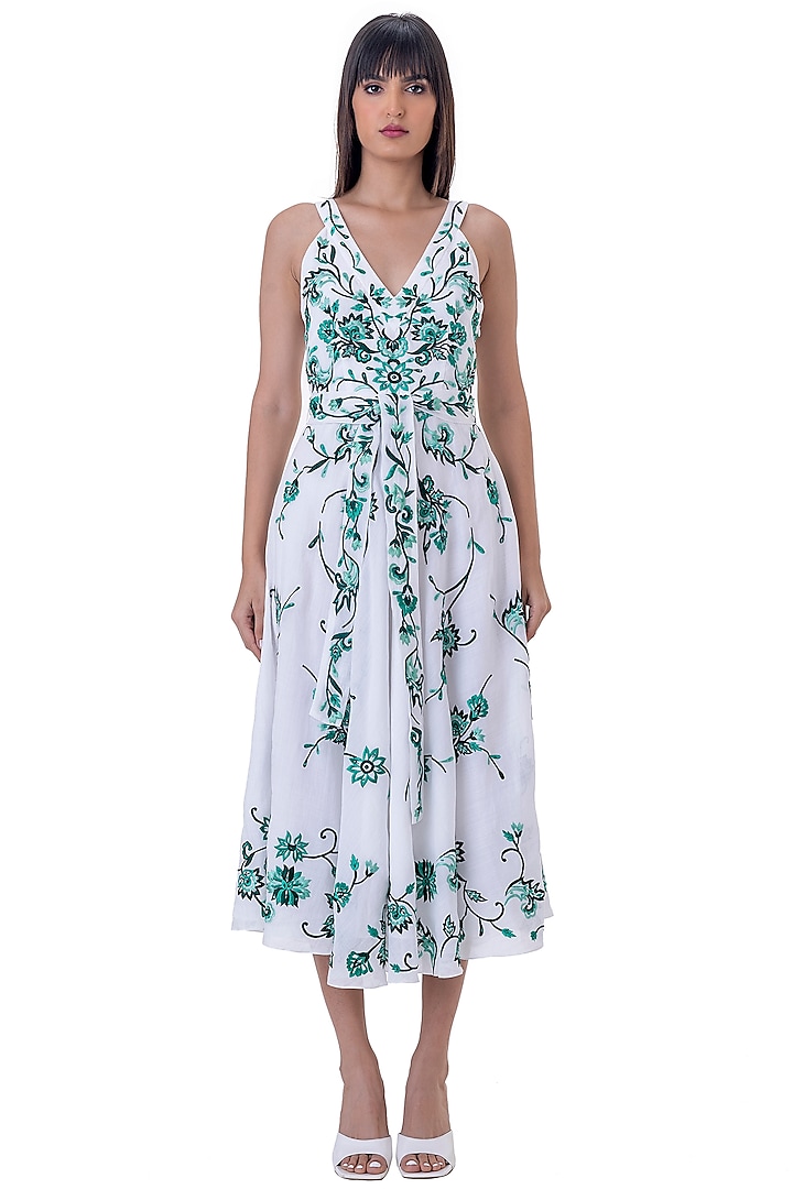 White Linen Floral Embroidered Midi Dress by Gaya