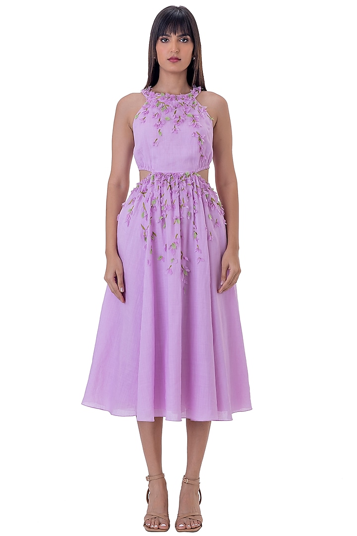 Purple Linen Floral Embroidered Midi Dress by Gaya