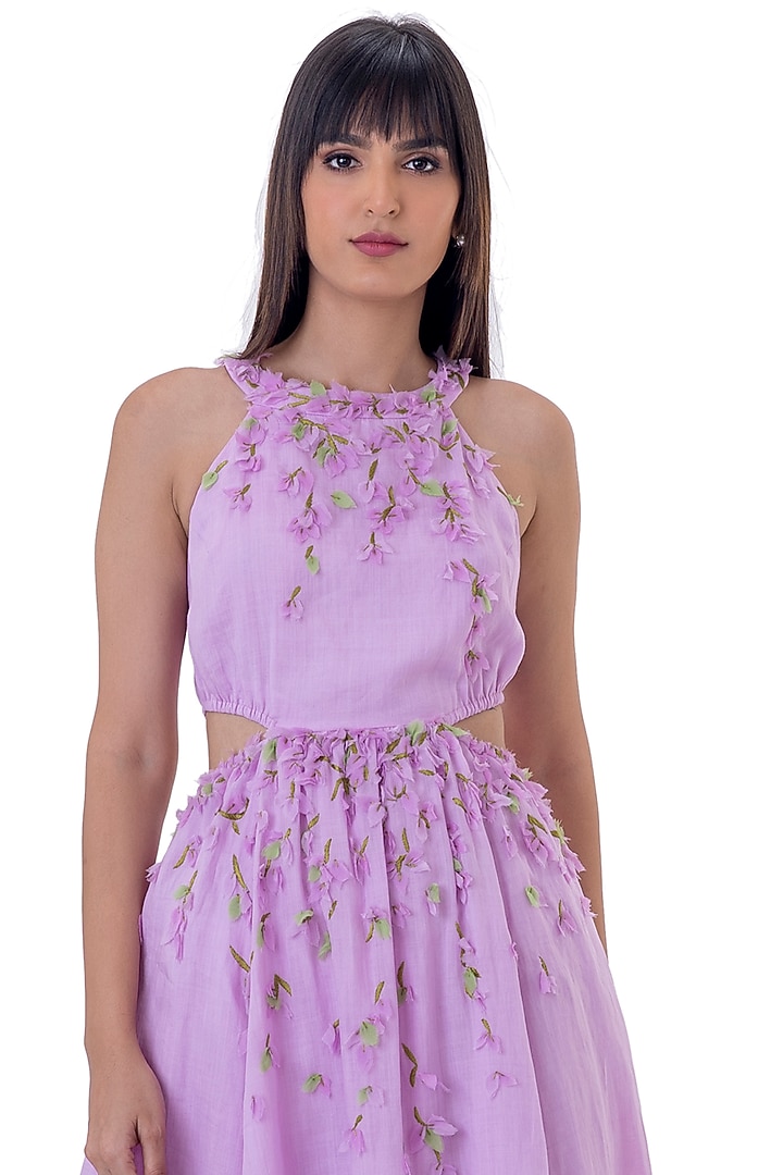 Purple Linen Floral Embroidered Midi Vacation Dress by Gaya at Pernia's Pop Up Shop