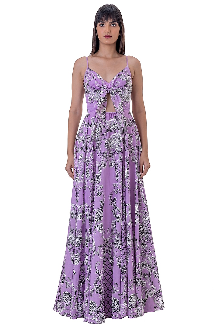 Purple Linen Floral Printed Maxi Dress by Gaya