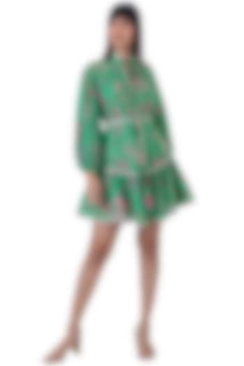 Green Linen Floral Printed Mini Dress With Belt by Gaya