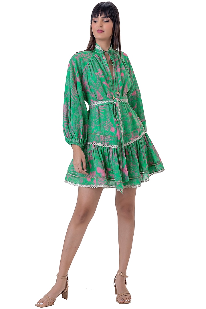 Green Linen Floral Printed Mini Dress With Belt by Gaya at Pernia's Pop Up Shop