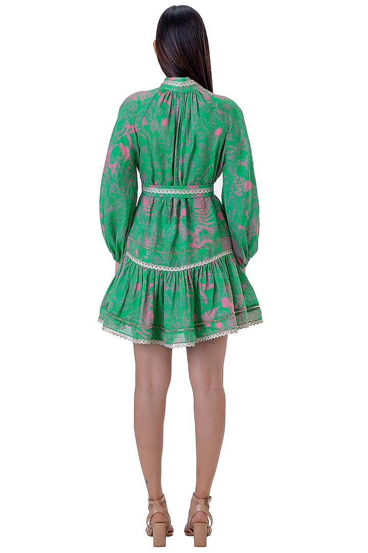 Green Linen Floral Printed Mini Vacation Dress With Belt by Gaya at Pernia's Pop Up Shop