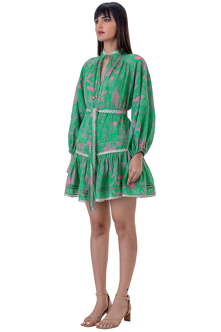 Green Linen Floral Printed Mini Vacation Dress With Belt by Gaya at Pernia's Pop Up Shop