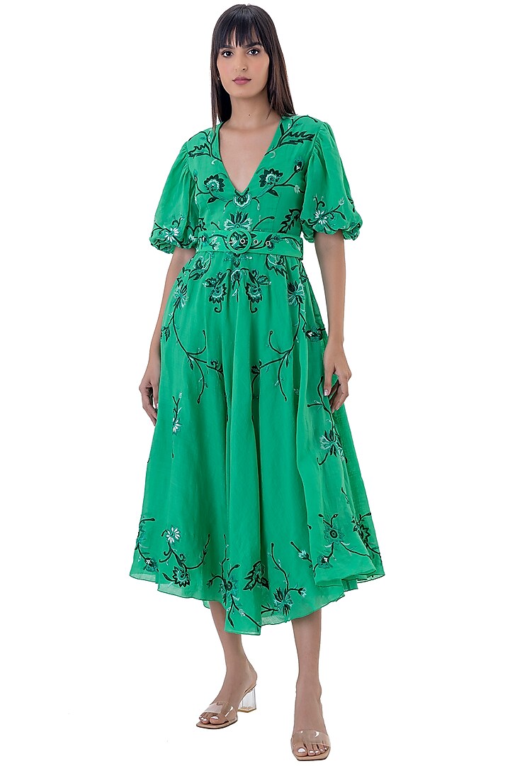 Green Cotton Floral Embroidered Midi Dress With Belt by Gaya