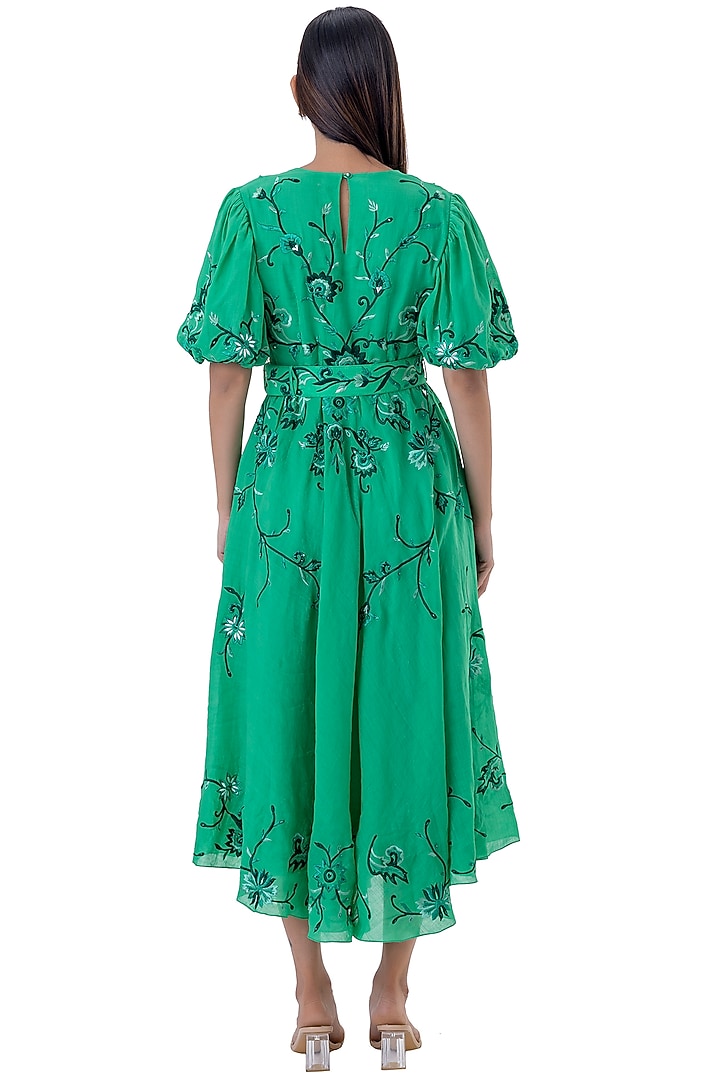 Green Cotton Floral Embroidered Midi Vacation Dress With Belt by Gaya at Pernia's Pop Up Shop