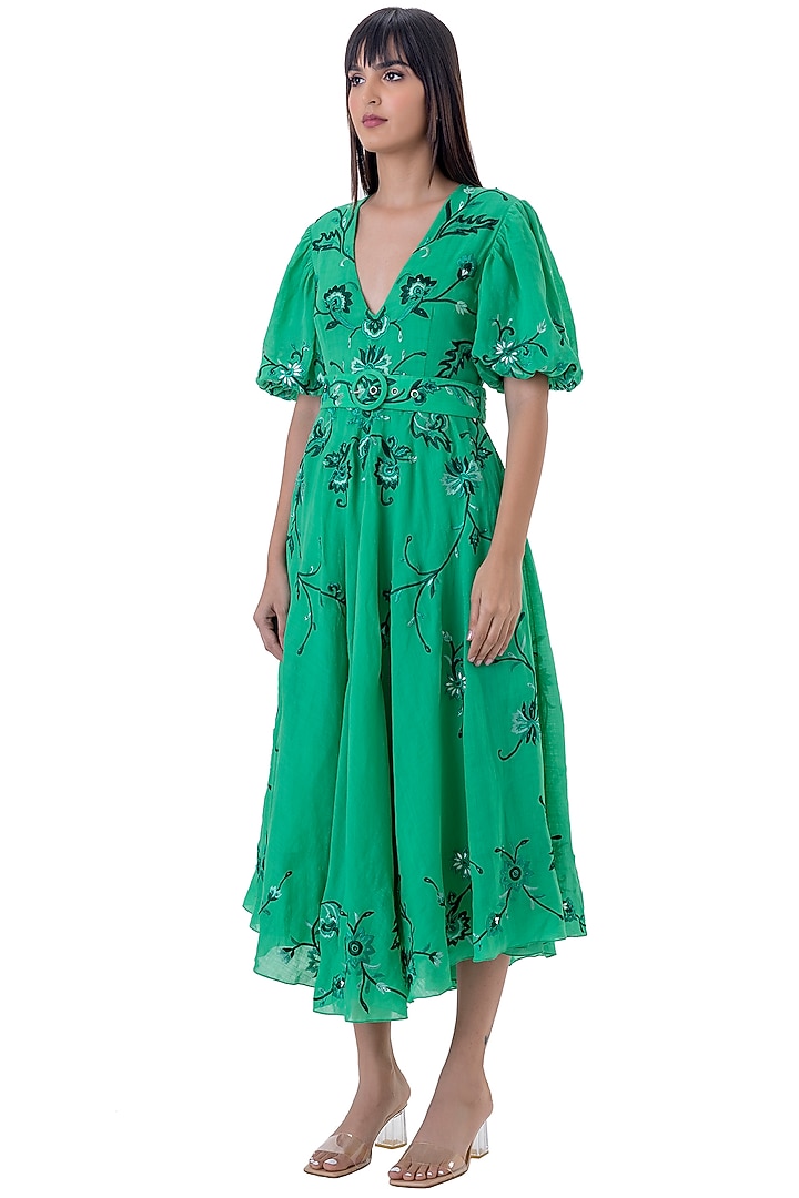 Green Cotton Floral Embroidered Midi Vacation Dress With Belt by Gaya at Pernia's Pop Up Shop