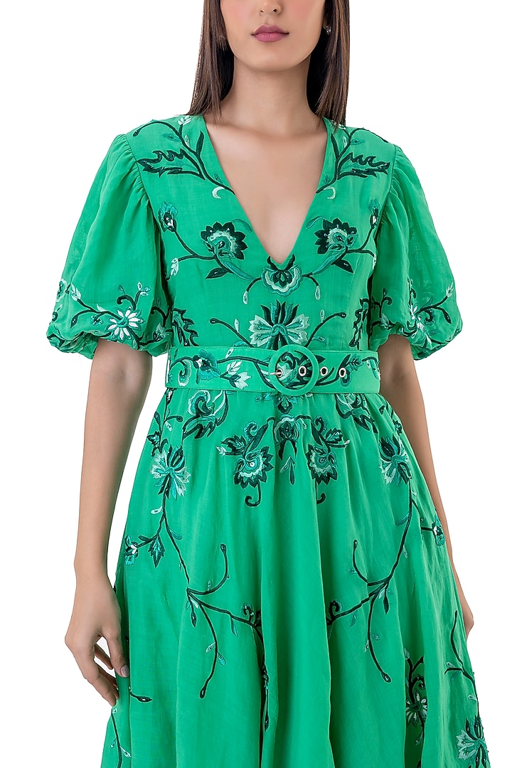 Green Cotton Floral Embroidered Midi Vacation Dress With Belt by Gaya at Pernia's Pop Up Shop