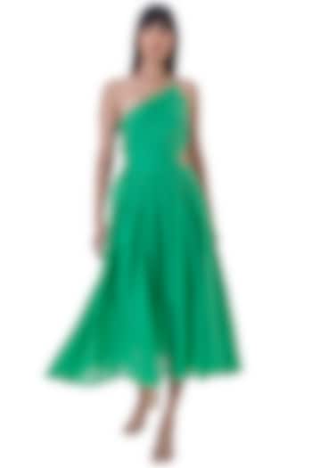 Green Cotton Satin One Shoulder Midi Dress by Gaya