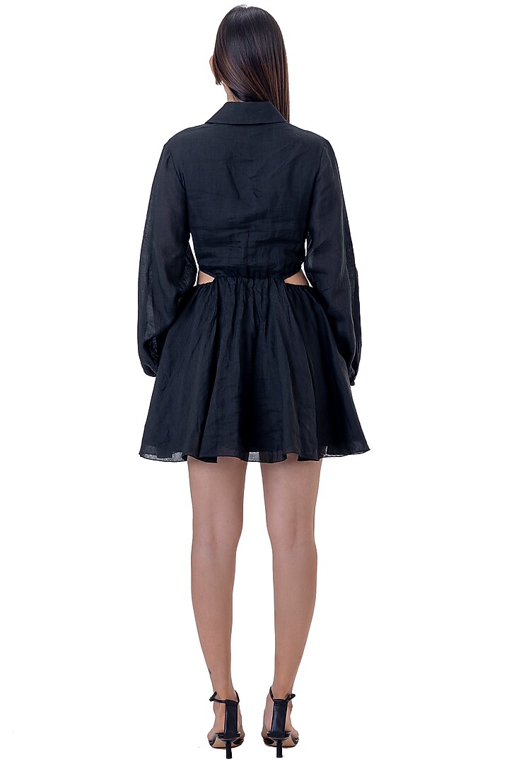 Black Linen Floral Embroidered Mini Vacation Dress by Gaya at Pernia's Pop Up Shop