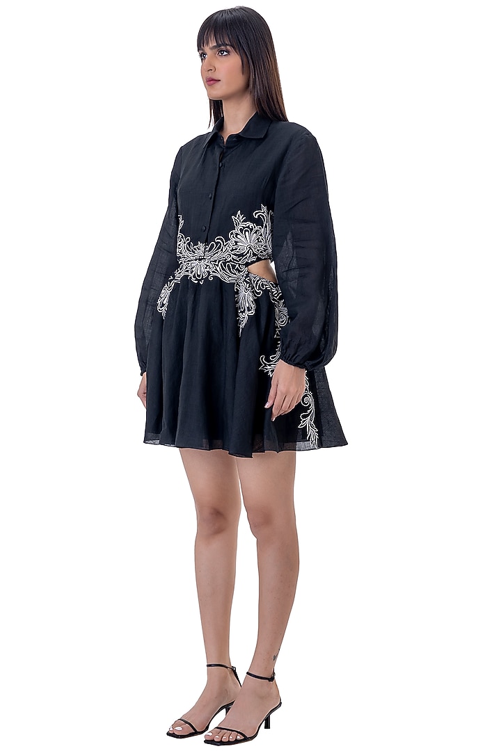 Black Linen Floral Embroidered Mini Vacation Dress by Gaya at Pernia's Pop Up Shop