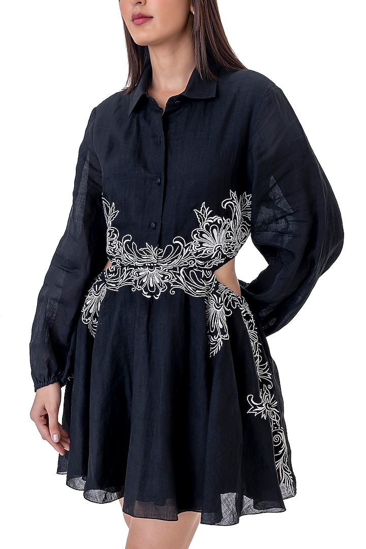 Black Linen Floral Embroidered Mini Vacation Dress by Gaya at Pernia's Pop Up Shop