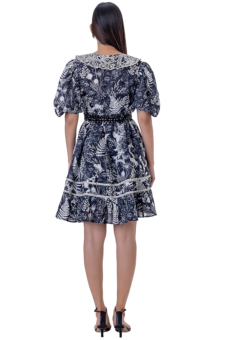 Black Linen Printed & Embroidered Mini Vacation Dress With Belt by Gaya at Pernia's Pop Up Shop