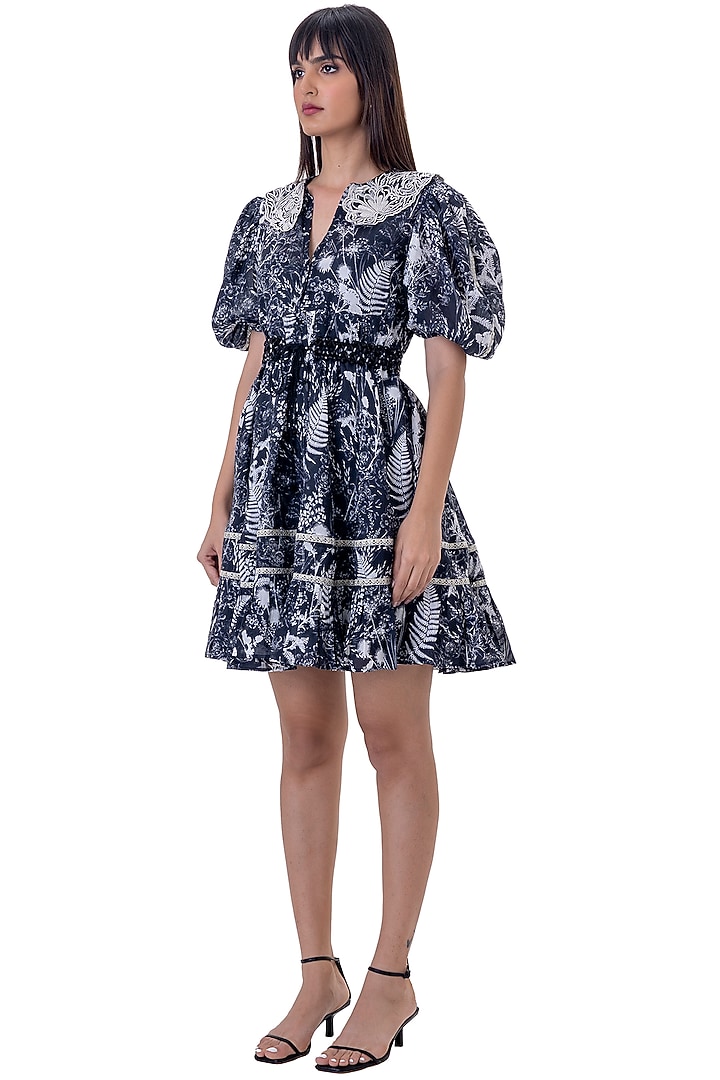 Black Linen Printed & Embroidered Mini Vacation Dress With Belt by Gaya at Pernia's Pop Up Shop