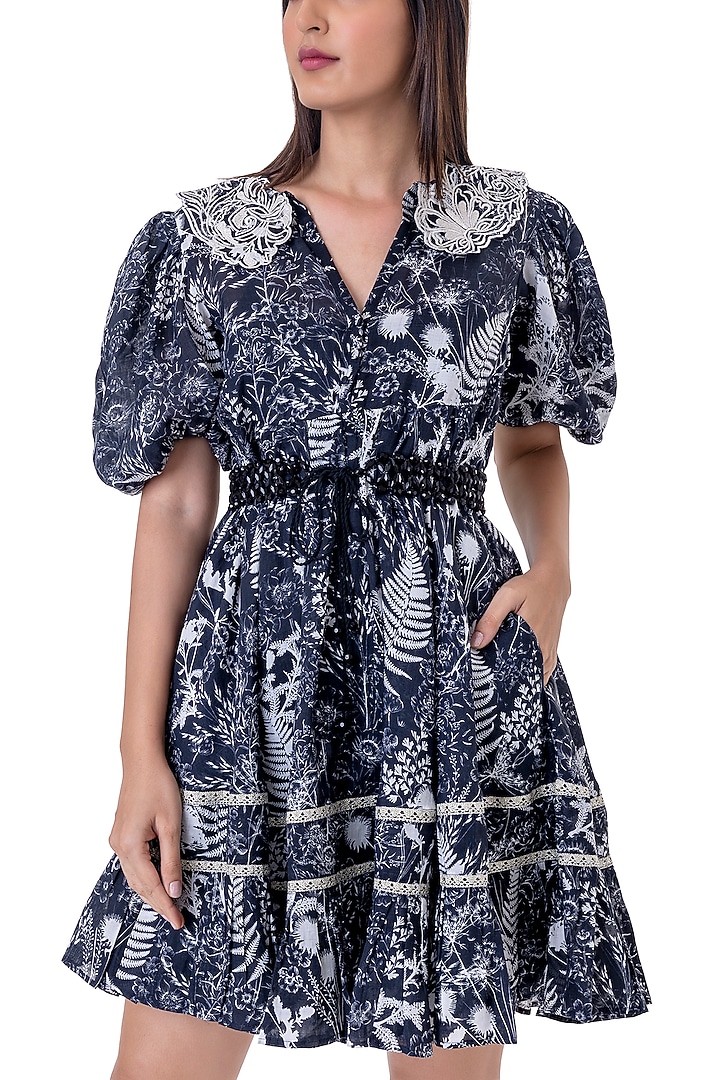 Black Linen Printed & Embroidered Mini Vacation Dress With Belt by Gaya at Pernia's Pop Up Shop