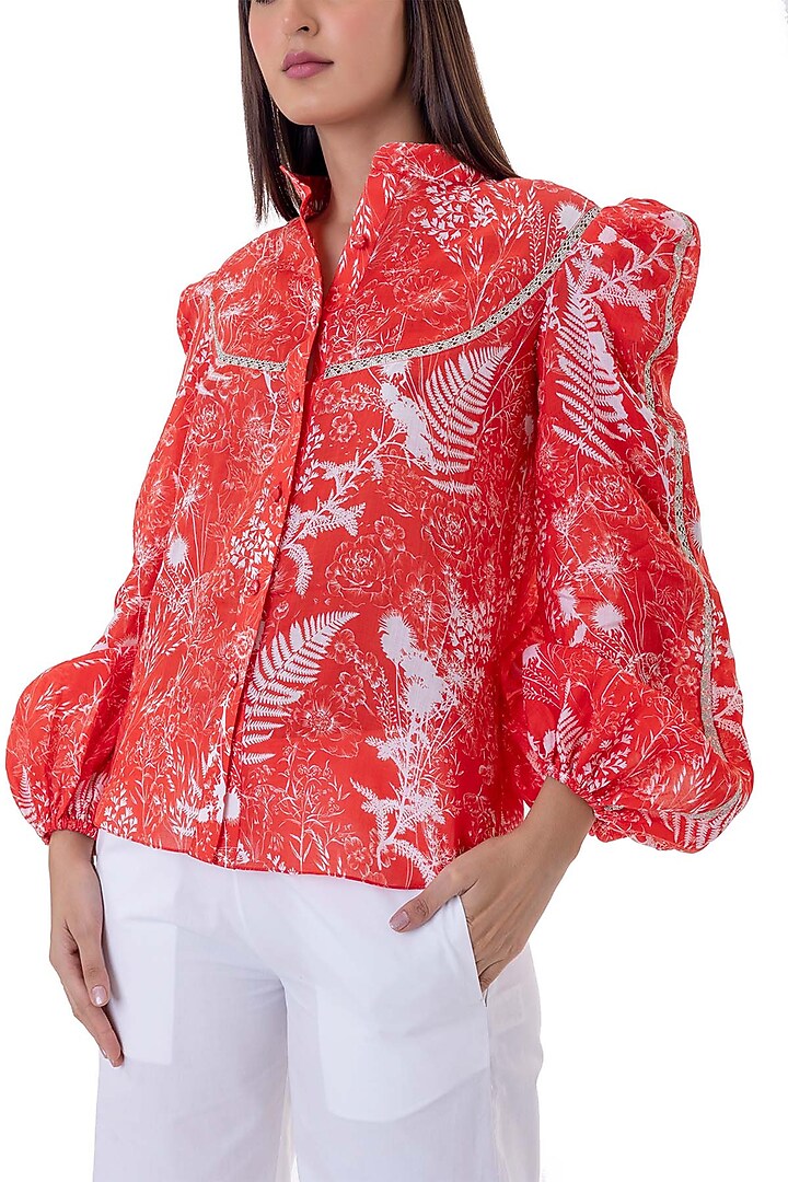 Red Linen Floral Printed Shirt by Gaya at Pernia's Pop Up Shop