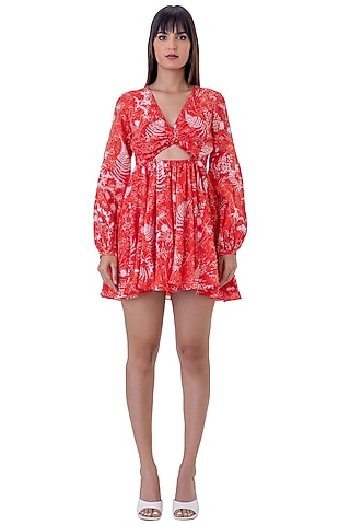Red Linen Floral Printed Mini Dress by Gaya