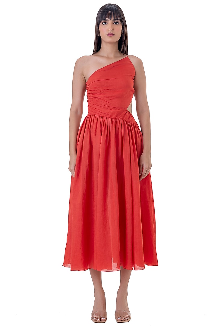 Red Cotton One-Shoulder Midi Dress by Gaya