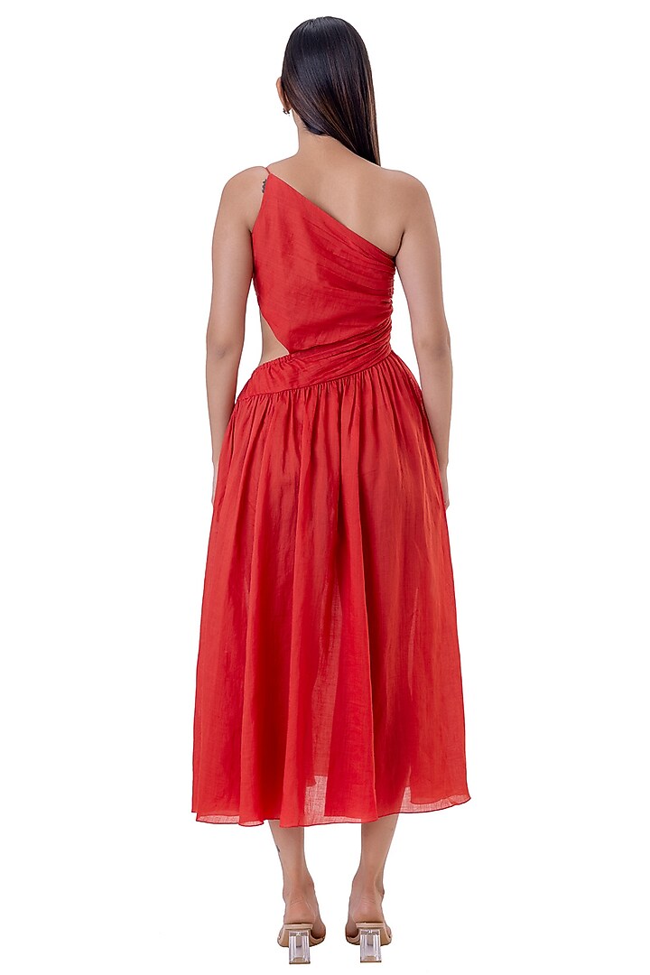 Red Cotton One-Shoulder Midi Vacation Dress by Gaya at Pernia's Pop Up Shop