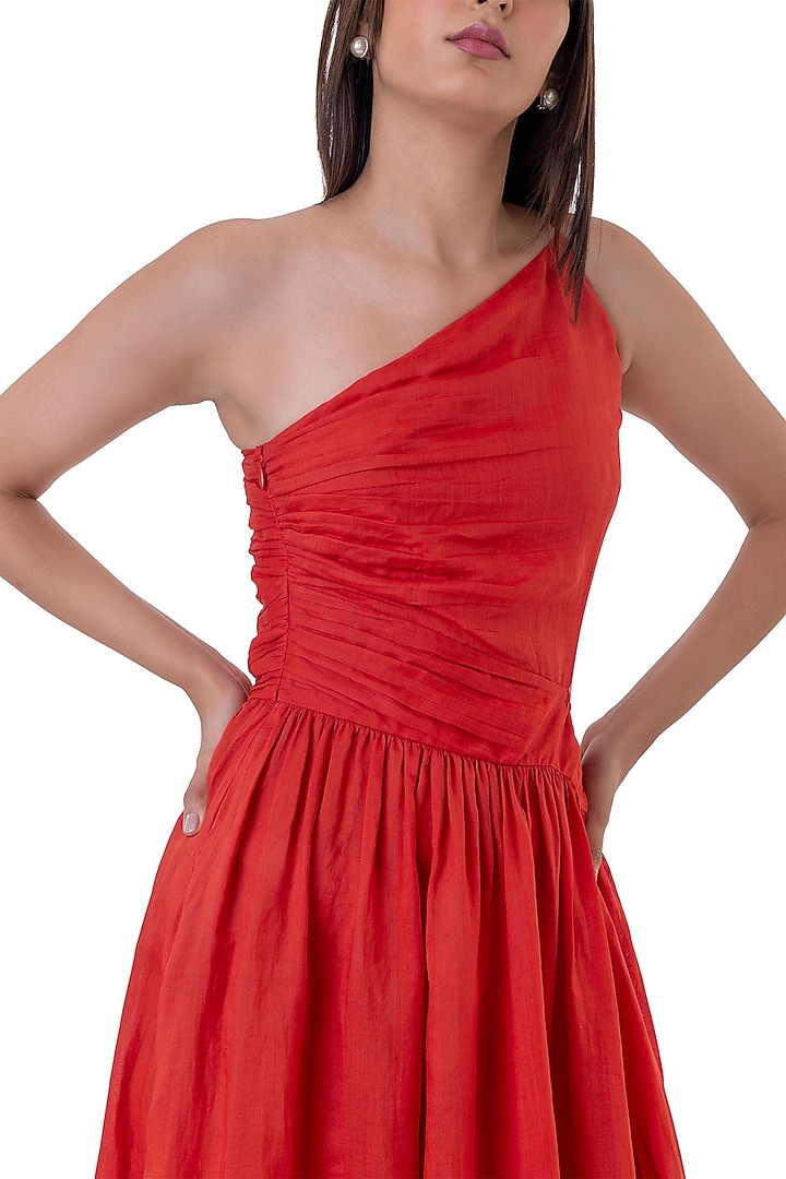 Red Cotton One-Shoulder Midi Vacation Dress by Gaya at Pernia's Pop Up Shop