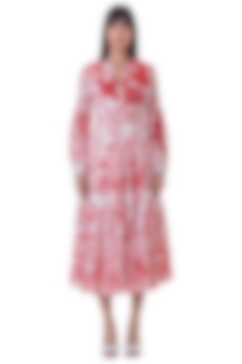 Red Linen Floral Printed Tiered Dress by Gaya