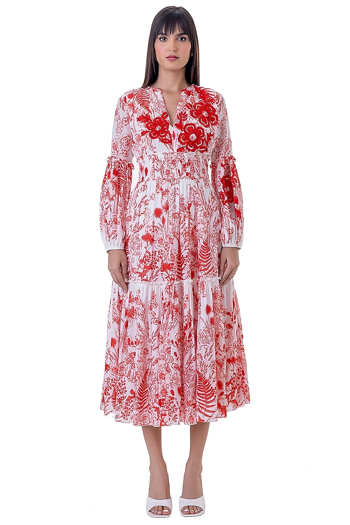 Red Linen Floral Printed Tiered Dress by Gaya