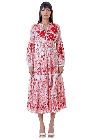 Red Linen Floral Printed Tiered Dress by Gaya