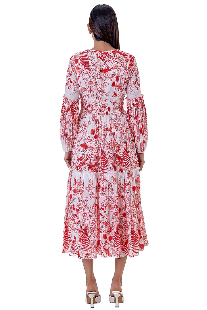 Red Linen Floral Printed Tiered Vacation Dress by Gaya at Pernia's Pop Up Shop