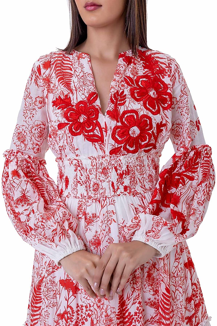 Red Linen Floral Printed Tiered Vacation Dress by Gaya at Pernia's Pop Up Shop