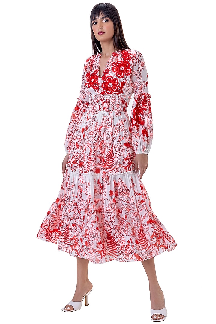 Red Linen Floral Printed Tiered Vacation Dress by Gaya at Pernia's Pop Up Shop