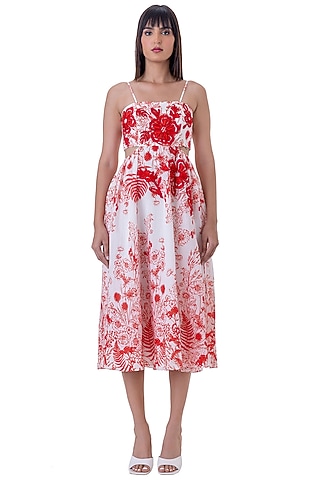 Red Linen Floral Printed Midi Dress by Gaya