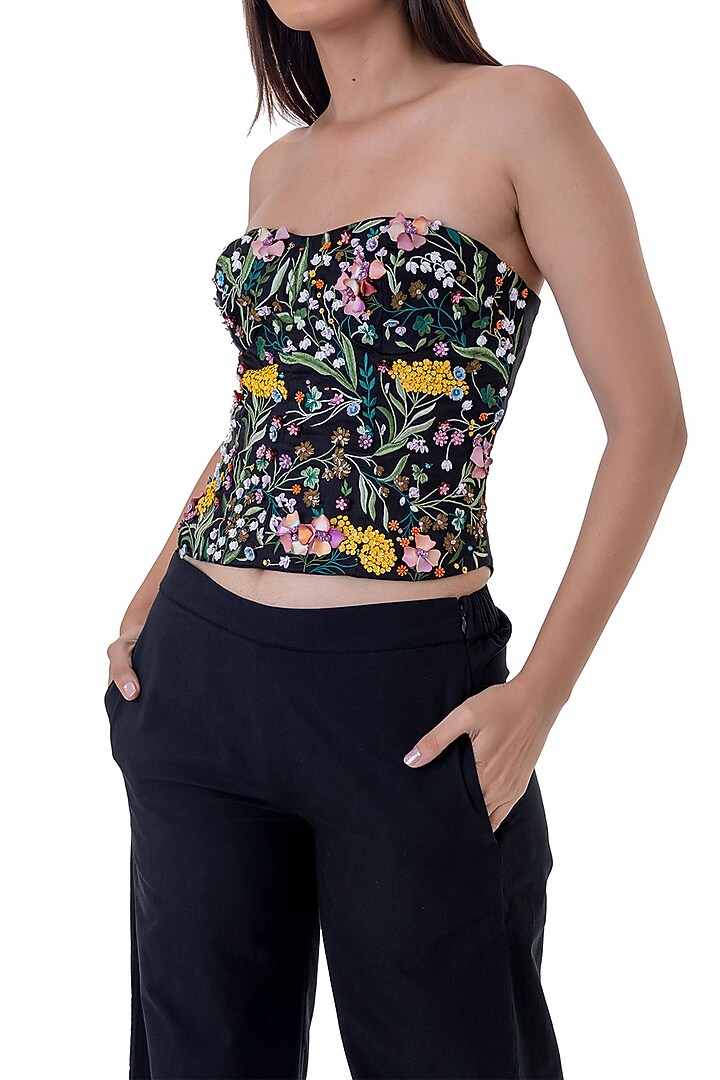 Black Cotton Embroidered Corset by Gaya at Pernia's Pop Up Shop