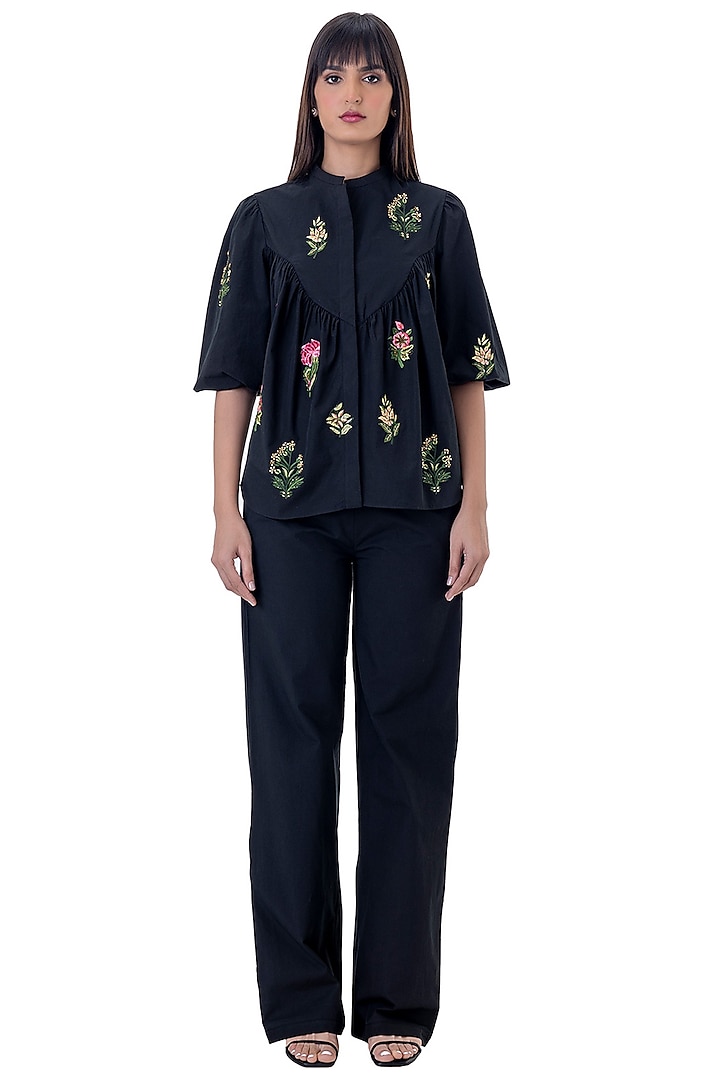 Black Cotton Embroidered Shirt by Gaya