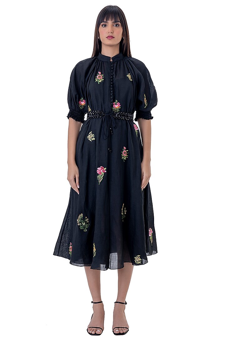 Black Linen Embroidered Midi Dress by Gaya at Pernia's Pop Up Shop