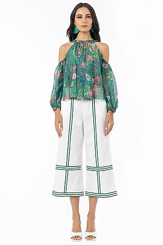Emerald Green Printed Cold Shoulder Flared Blouse by Gaya