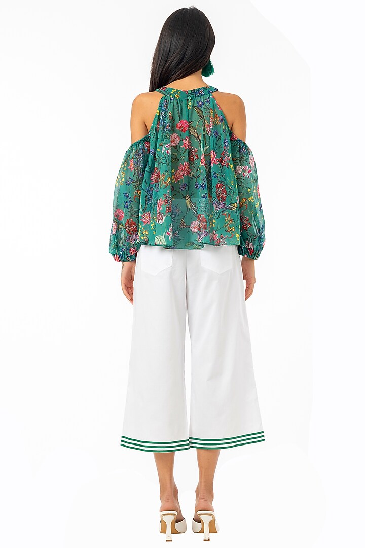 Emerald Green Printed Cold Shoulder Flared Blouse by Gaya at Pernia's Pop Up Shop