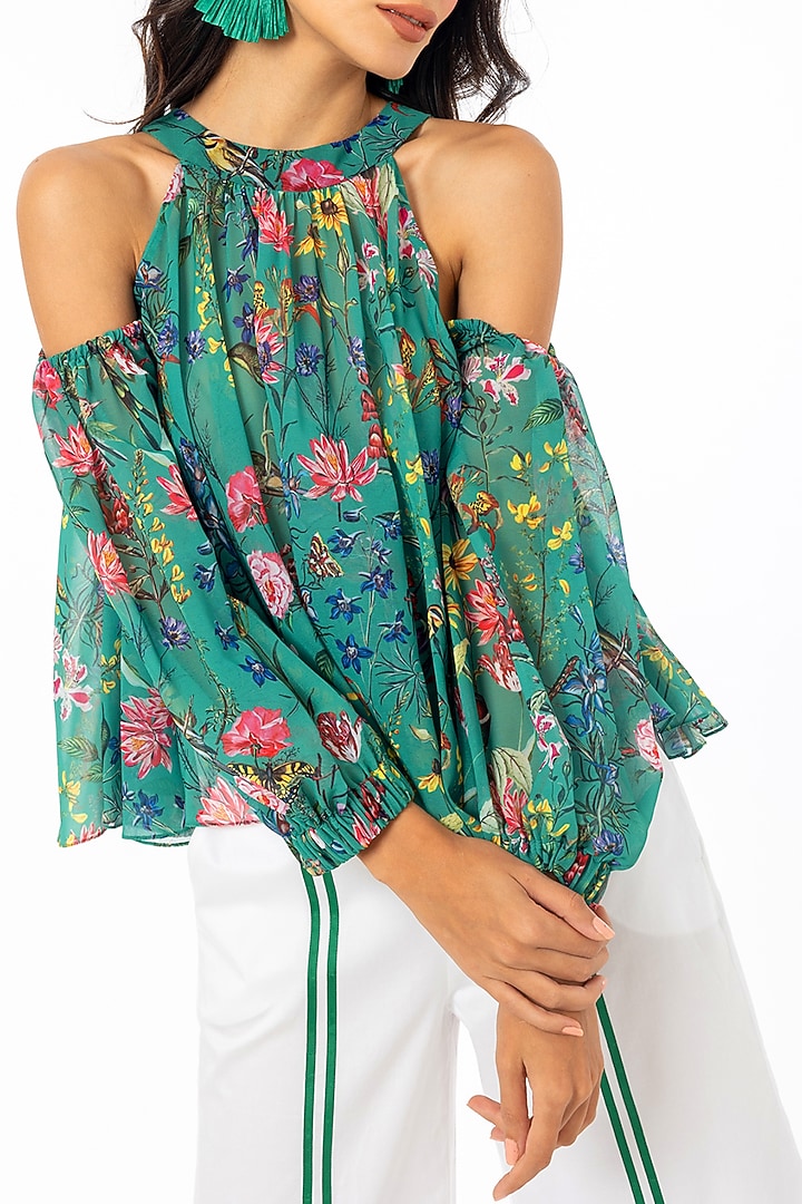 Emerald Green Printed Cold Shoulder Flared Blouse by Gaya at Pernia's Pop Up Shop